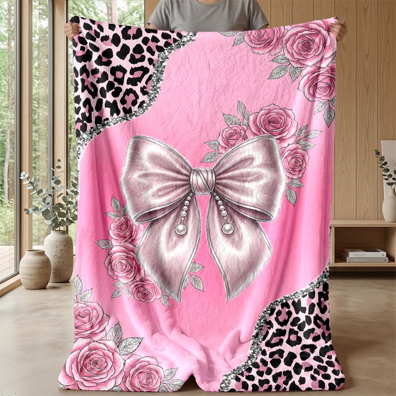 Pink Roses and Bow 4 Theme blanket Lightweight Warm Flannel Blanket Decorative Throw Blanket for Home Decoration