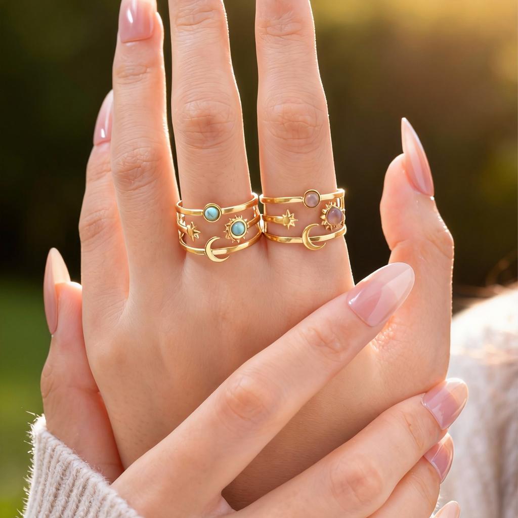 Stainless Steel Star Moon Ring for Women, Waterproof Layered Stackable Open Finger Ring, Boho Celestial Zircon Adjustable