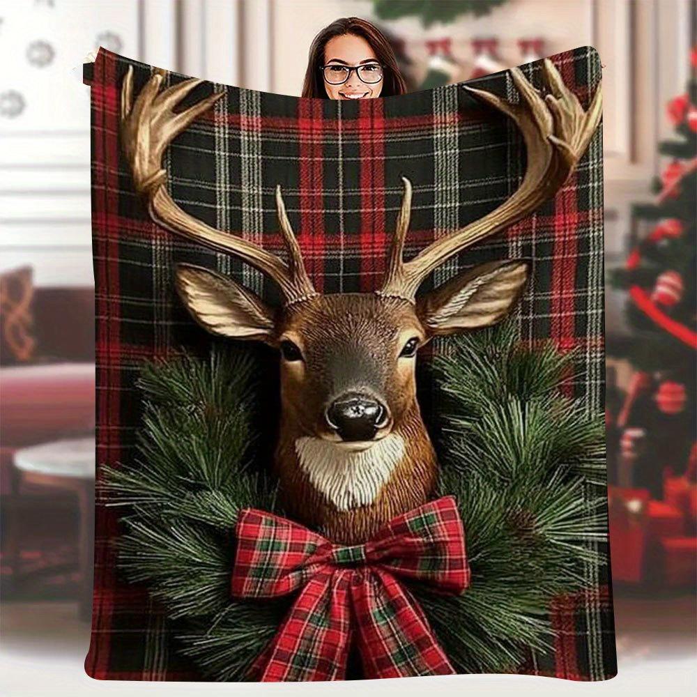 

1pc 60x80 Inch Single-Sided Printed Blanket - Vintage Deer Head & Antlers Plaid Design, Soft Warm All-Season Multi-Purpose for 70x100cm28x39in