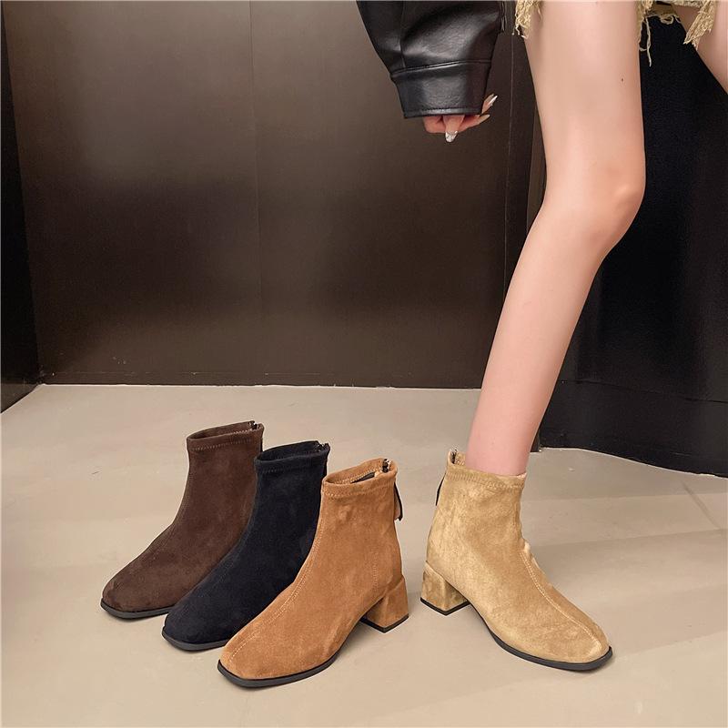 High-heeled brown Martin boots for women's 2025 spring and autumn new super-fire elastic thin boots French thick-heeled small short boots