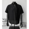 Men's Black Lace-Up Stand Collar Shirt Casual Loose Fit Short Sleeve Textured Top