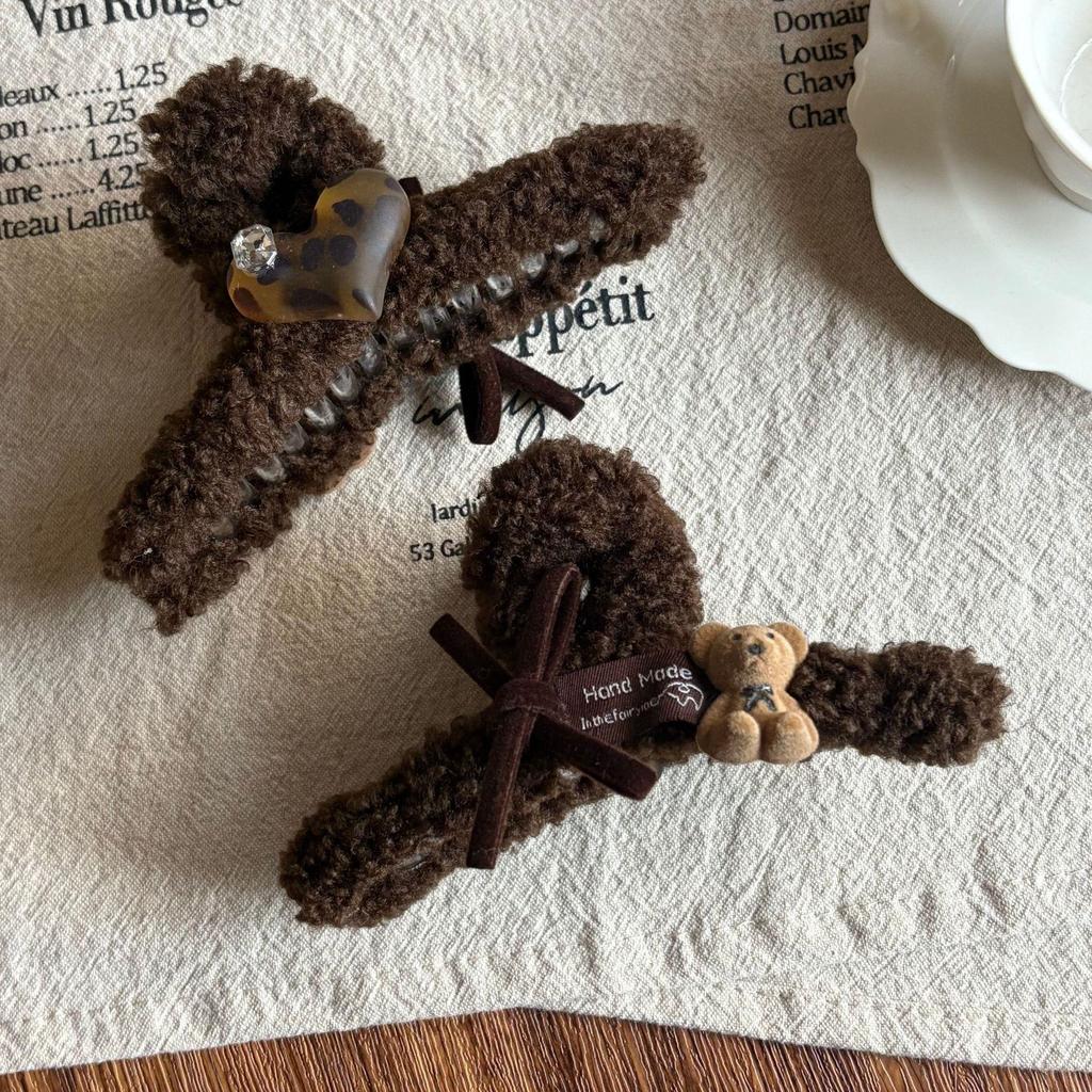 Coffee Color Bear Bowknot Plush Shark Hair Clip - Large, Versatile, Winter Design for Women