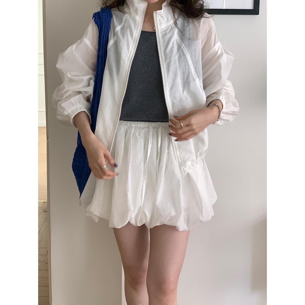 Damen Frühling und Sommer Neu Lässige Stehkragen Reißverschluss Strickjacke Sonnenschutzjacke + Hochtaillierter A-Linien Knospenrock Kurzer Rock