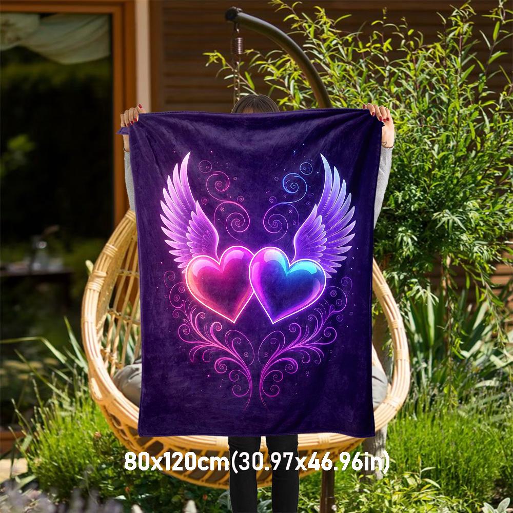 1pc Hearts Wings Outdoor Flannel Blanket Soft Warm All-Season Throw for Sofa Bed Car Camping Office, Cozy Gift Idea1319S