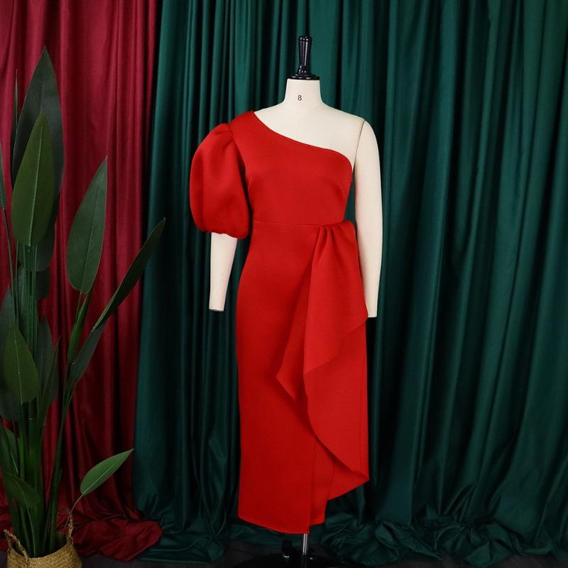 Abito da cocktail midi elegante da donna, monospalla, con maniche a sbuffo, vita alta e spacco