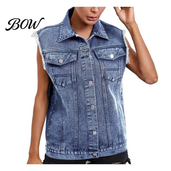Soft Demin Vest Women Sleeveless for Summer, Button Down Casual Jean Jacket, Frayed Lapel Waistcoat Top with Pockets