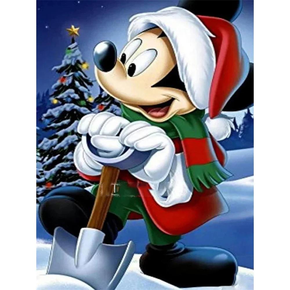 

Disney Diamond Painting Mickey Mouse Christmas Snow Shoveling Healing Illustration, 5D Diamond Painting Art Embroidery Cross Stitch Room Decoration Round 20x30cm