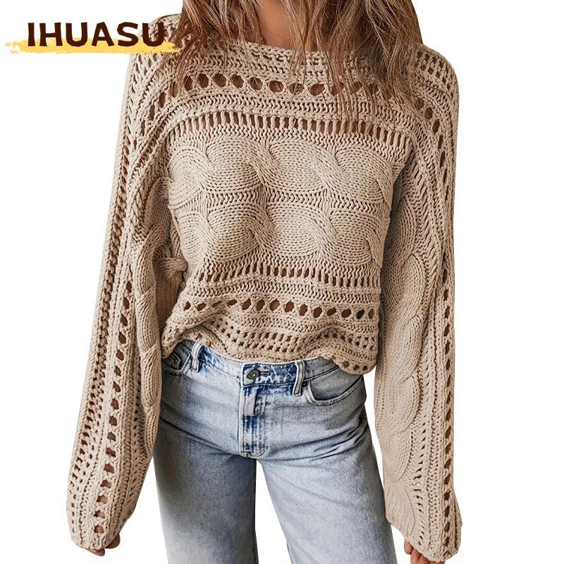 IHUASU Women's Fashion Casual Solid Color Print Autumn Winter O-Neck Long Sleeve Loose Sweaters