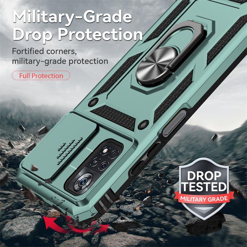 For Xiaomi Poco X4 Pro 5G Case Armor Slide Lens Protect Cover For Poko Little X4 Pro X4Pro PocoX4Pro Ring Stand Shockproof Funda