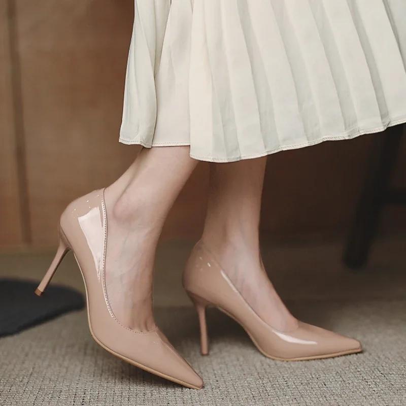 Fashion Autumn New Nude Lacquer Leather High Heels with Thin Heels Versatile Pointed Shallow Mouth Single Shoes