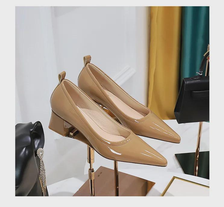 Korean Patent Leather Pointed-Toe Women's Shoes - Fashionable, Simple, Comfortable with Versatile Thick Medium Heel