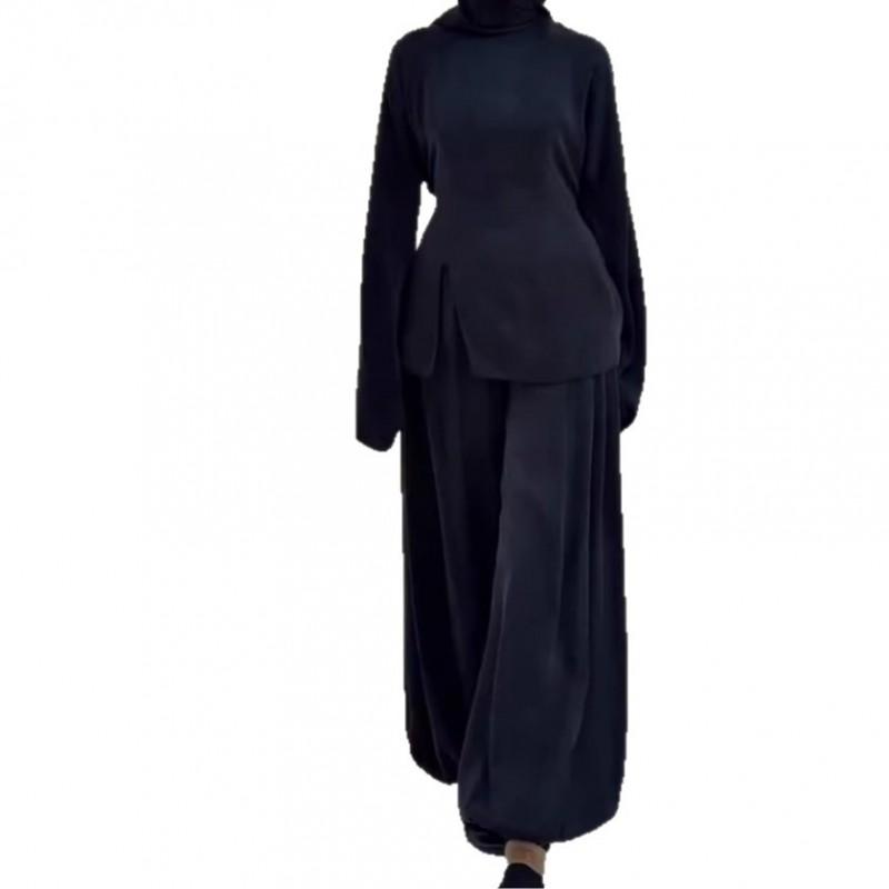 Womens 2026 Fall 2-Piece Set Long Sleeve Top With Tie Detail Slit Wide Leg Pants Casual Elegant Outfit