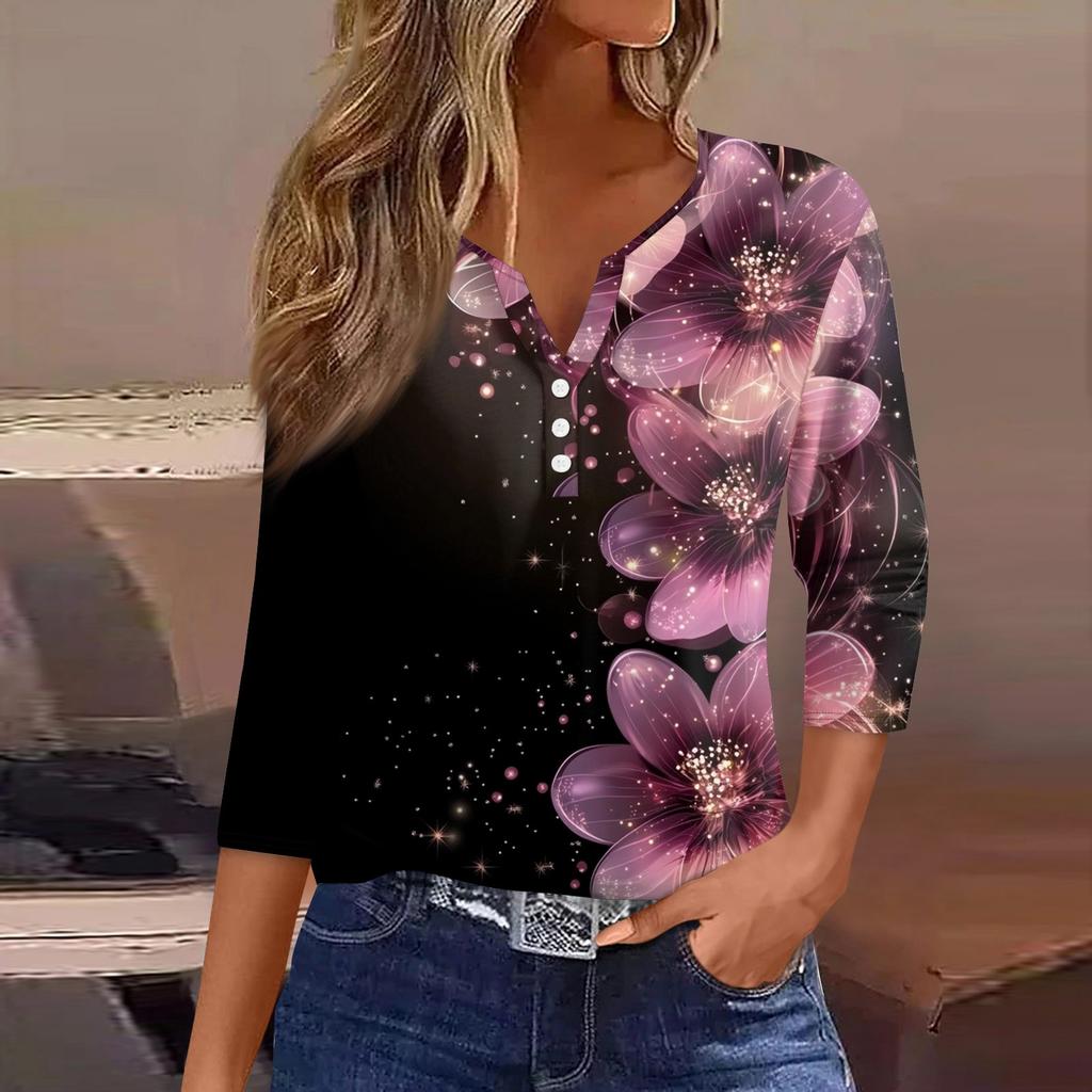 Damen-T-Shirt, T-Shirt, bedruckt, Knopfleiste, 3/4-Ärmel, tägliches Wochenende, modisch, Basic, V-Ausschnitt, normales Oberteil