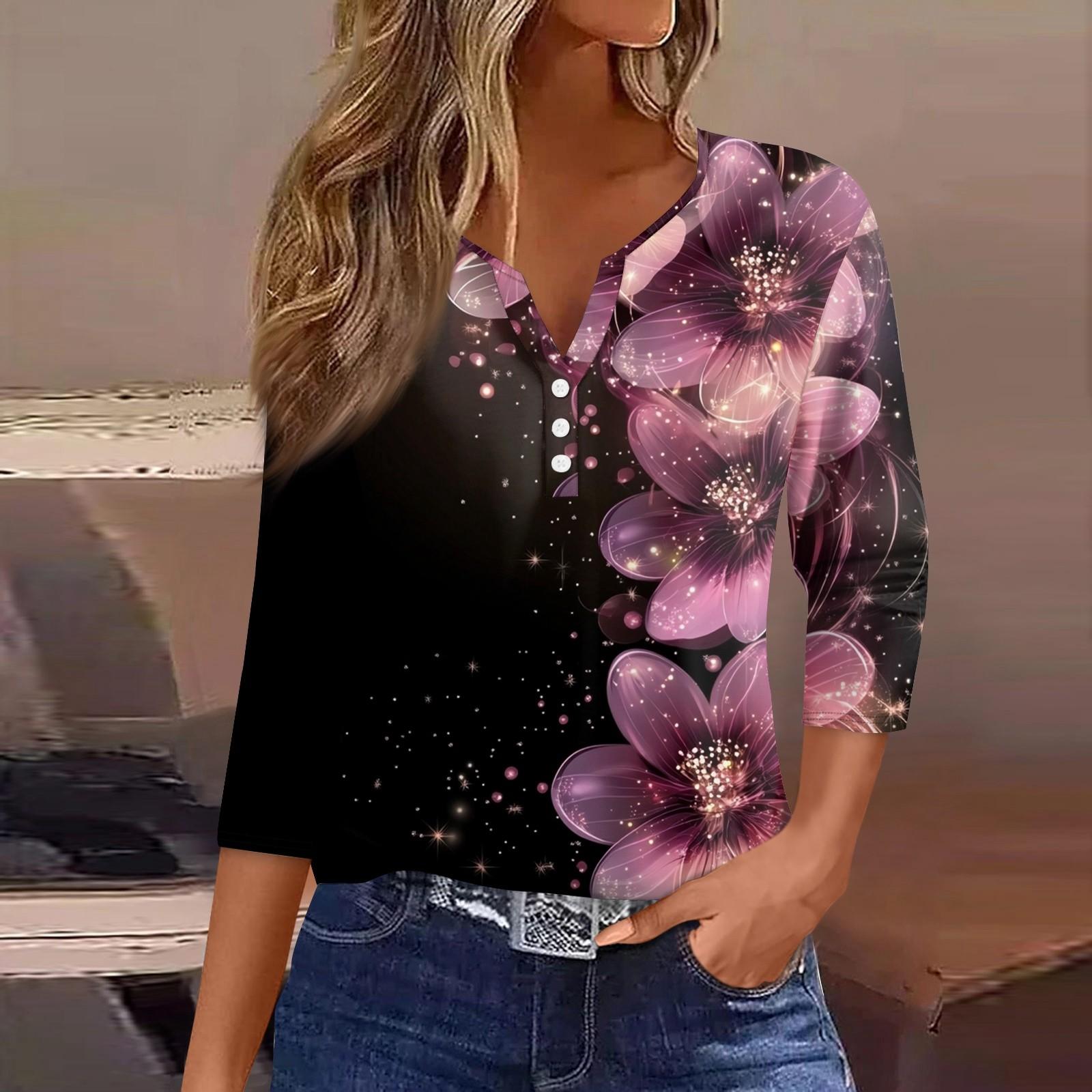 

Women s T Shirt Tee Print Button 3/4 Sleeve Daily Weekend Fashion Basic V- Neck Regular Top XXL