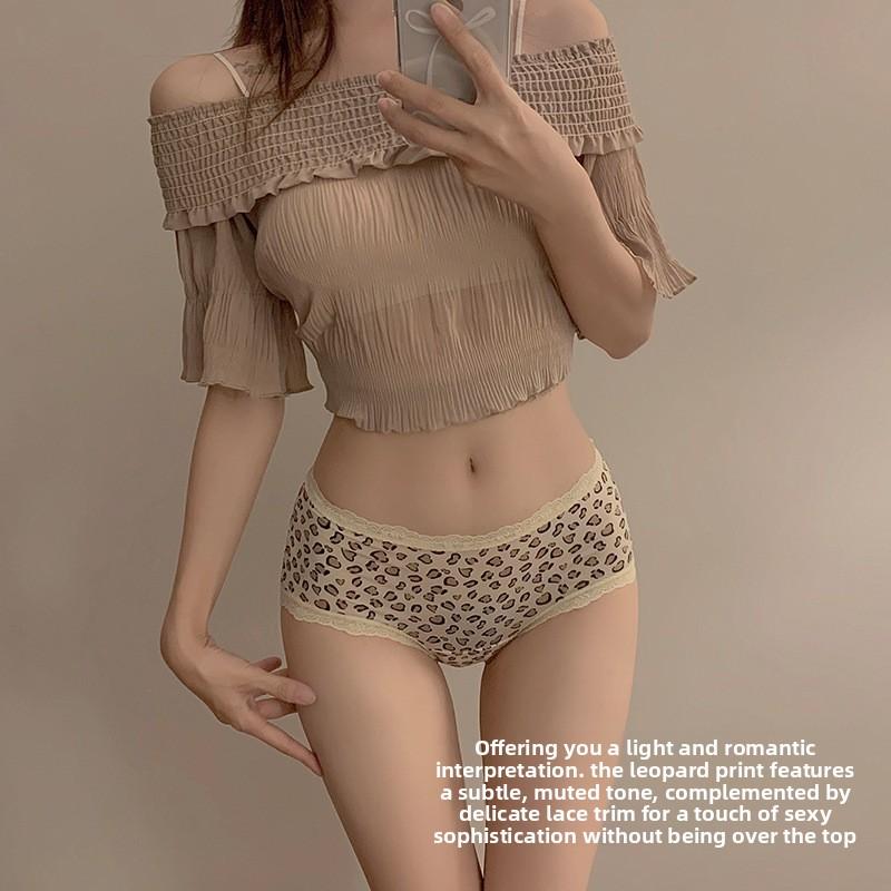 Lady Spring and Summer Pure Desire Sexy Leopard Print Bow Lace Edge Hollow Out Breathable Briefs