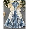 Fashion Skirt High-End Temperament Flying Sleeve Waist-Tight V-neck Single Breasted Print Dress Skirt Retro Long Dress