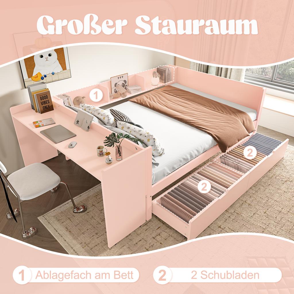 Letto a piattaforma, letto in legno, 140x200cm, con scrivania, dotato di 2 cassetti, letto matrimoniale (senza materasso), con ripiani, pino + truciolare, rosa
