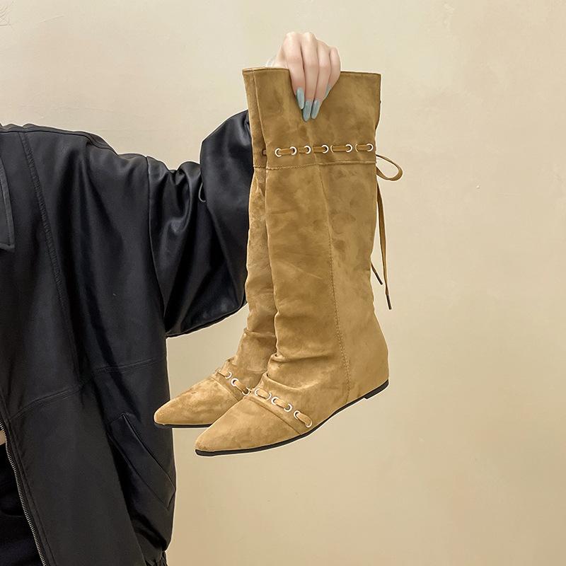 Retro Suede Lace-up Splicing Stacking Boots Women's Autumn and Winter Design Sense Pointed Buckle Metal Buckle Western Boots Knight Boots