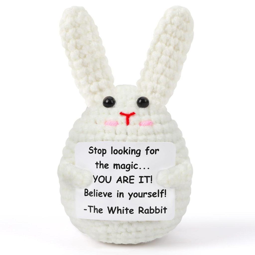 

White Rabbit Positive Crochet Animals Doll With Card Desktop Ornament Emotional Support Handmade Knitted Cheer Up Toy