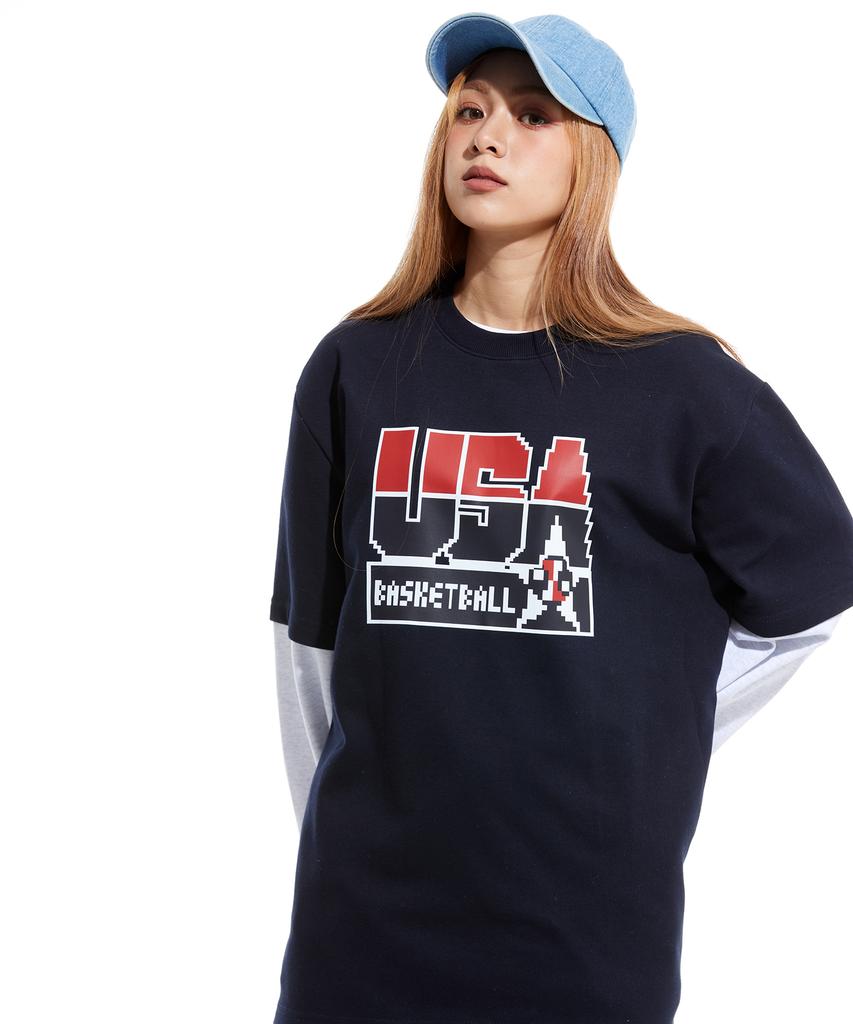 STUFF X Ju Jae-Beom Pixel Dt Logo Layered Long Sleeve T-Shirt Navy