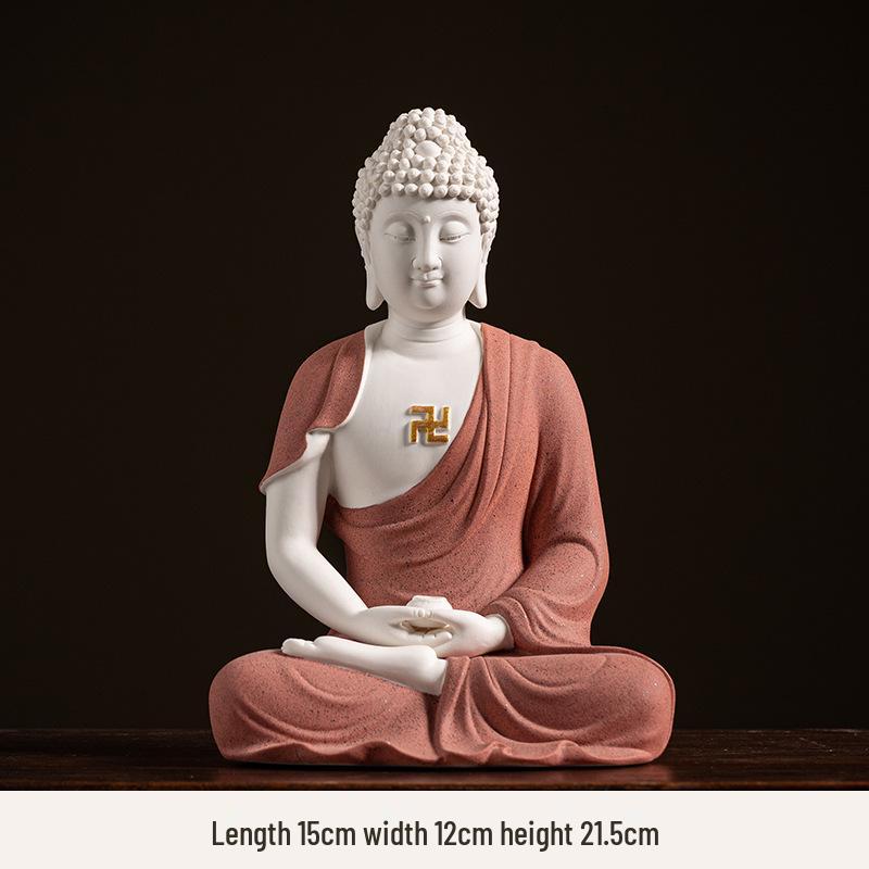 Keramik Shakyamuni Buddha Statue - Wohnzimmer Kunstwerk mit den Drei Heiligen und Lichtkreis Design