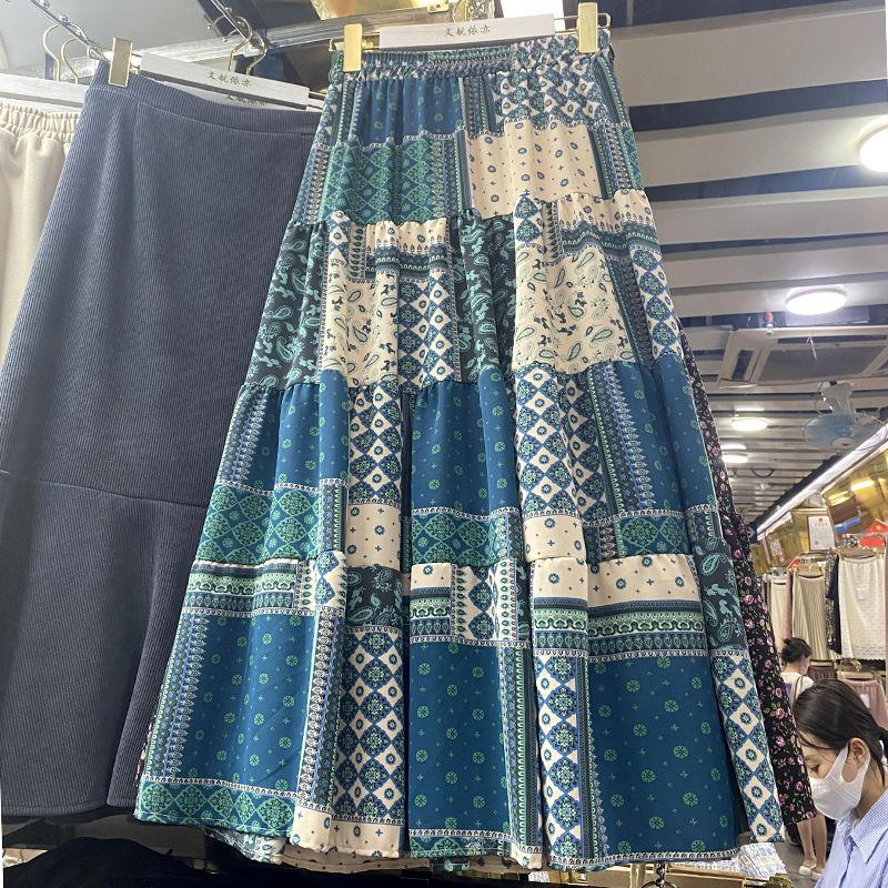 MOJTA Mid-length Skirt Spring Summer Contrast Floral Women's Elastic High Waist Skirt A-line Long Skirt