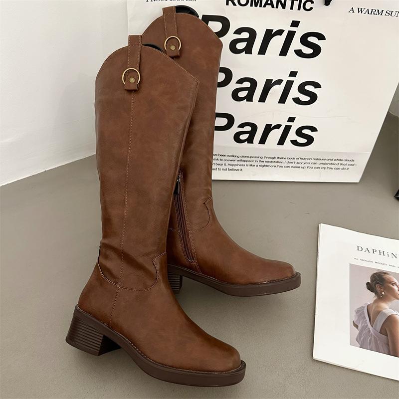 

Winter 2025 new long Martin boots women s square head high knight boots inner height increase women s boots 40 светло-коричневого