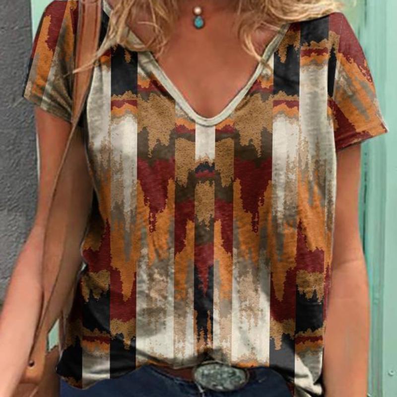 

Fashion Spring Retro Print Blouses Short Sleeved V-Neck T Shirts Casual 8XL жовтий