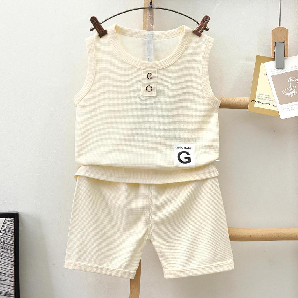 Boys' Casual Summer Waffle Vest and Shorts Set In Light Neutral Tone