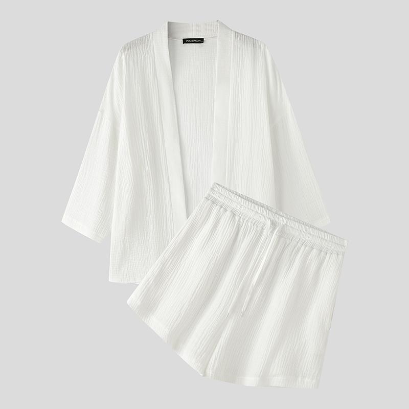 

INCERUN Мужские комплекты из двух предметов: кимоно с рукавами 3/4 и шорты на кулиске с эластичной талией, повседневные комплекты 2XL белый