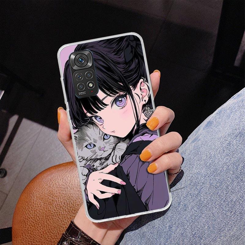 Anime Mädchen Süße Schwarze Katze Handyhülle Für Xiaomi Redmi Note 15 14 13 12S 12 11 Pro Plus 14S 11S 11E 10 10S 11T 5G Personalisiert C