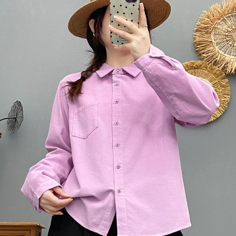 Spring 2026 Women's Corduroy Lapel Cardigan Blouse, Solid Color, Long Sleeve