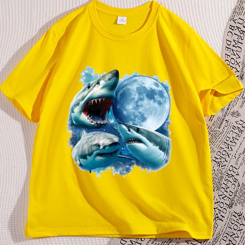 Sharks and Moon Vintage Graphic Tshirts Casual Shark Tshirt Shark Ocean Lovers Tees Funny Graphic Tee Cotton Short Sleeve Tops