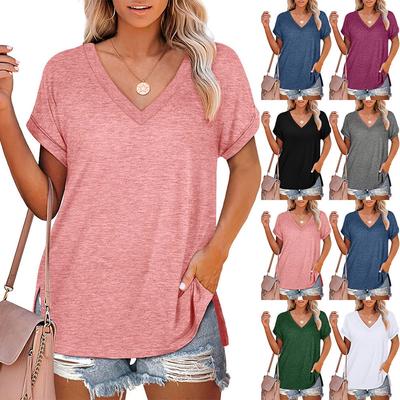 Frauen Europa und Amerika Einfarbig V-ausschnitt Schlitz Kurzarm T-shirt Rollrand Hülse Lose Casual Top Weibliche