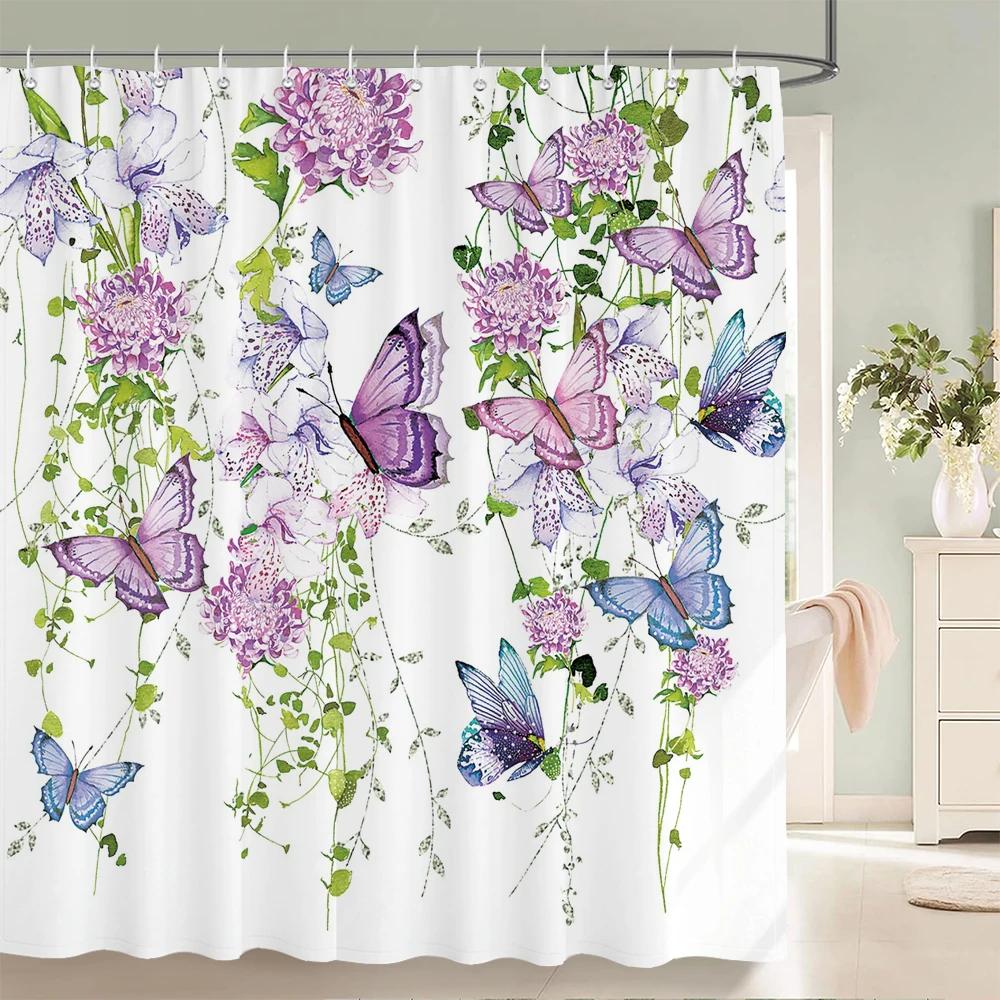 Flowers Butterfly Shower Curtain Fantasy Art Rose Floral Girls Waterproof Fabric Bathroom Curtain Room Decor Curtains With Hooks