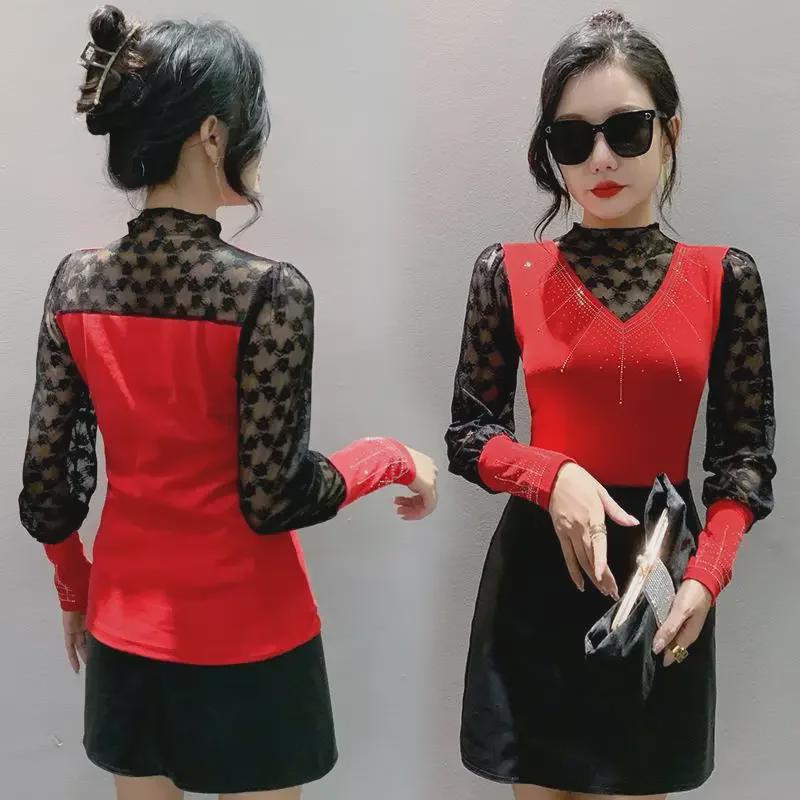 2023 Herbst Europäisches Slim-Spitzen-Langarm-Damenhemd mit Hot-Drilling-Design