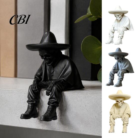 3D Printed Resin Statues Sitting Skeleton Shelf Sitter Figurine, Gothic Hat Desktop Modern Minimalist Statue Ornament, Trendy Home Table Edge