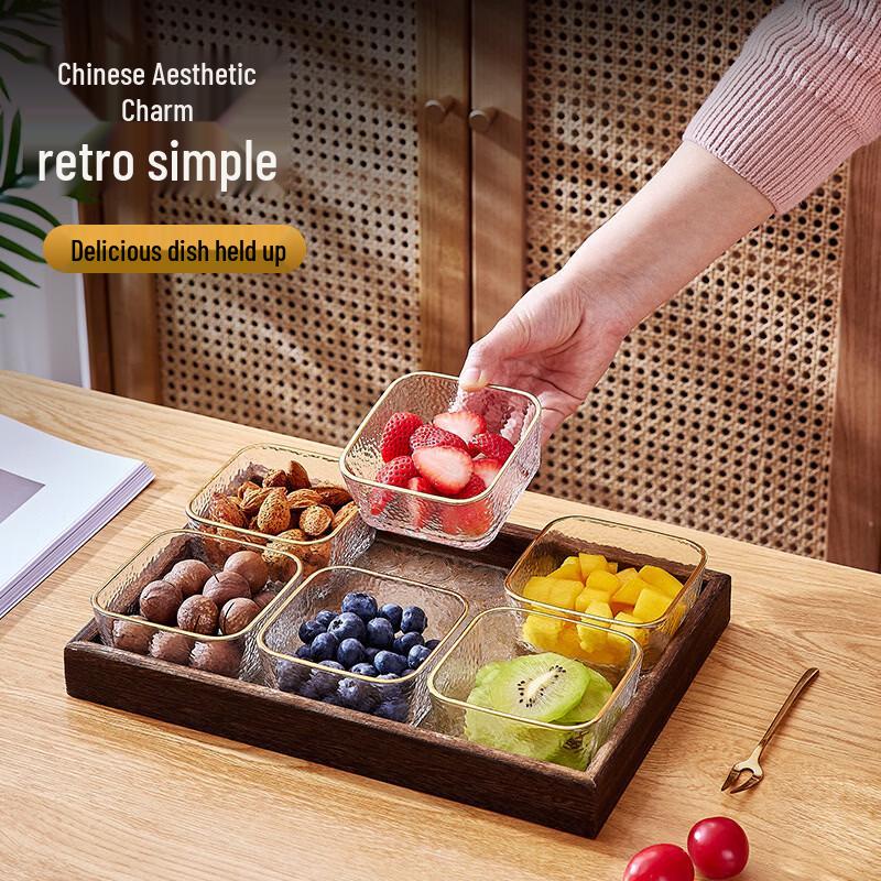 RuHan Gold-Rimmed Glass Fruit Plate Set with Paulownia Wood Tray
