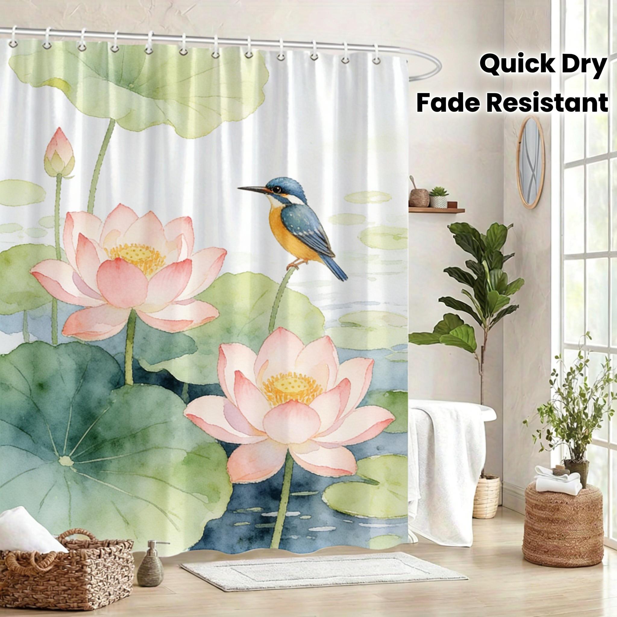 

Lotus Flower Bird Watercolor Shower Curtain Machine Washable All Season Waterproof Privacy Protection Nature Design Elegant W60H190(CM)-1 Pcs