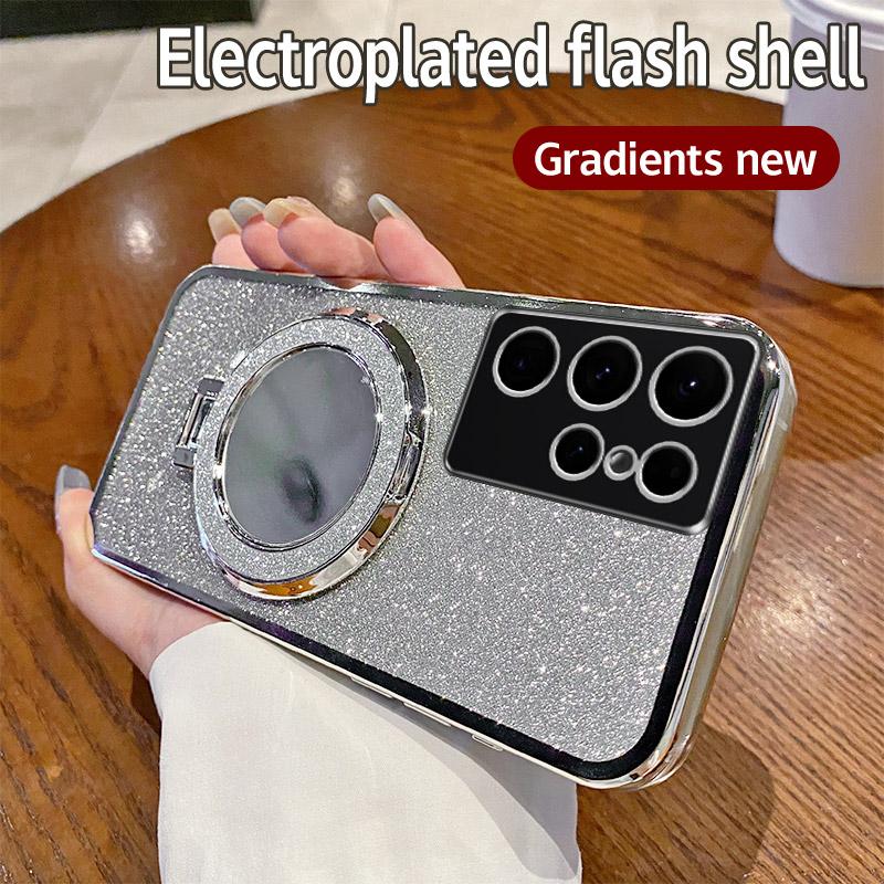 For Samsung Galaxy S22 Ultra Mirror Electroplate Lens Protector Case For Samsung S22 Plus Magnetic Bracket Bumper Glitter Cover