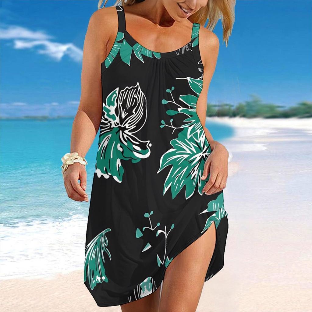 Women Plus Size Sleeveless Round Neck Dress Black Base Light Pink Palm Leaf Print Irregular Hem Loose Beach Dress