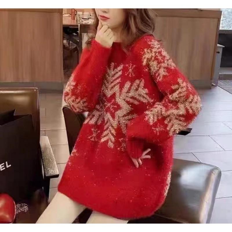 Red Autumn and Winter Knitted New Women's Clothing Deer Jacquard Knitted Sweater Crew Neck Pullover Color Matching Top