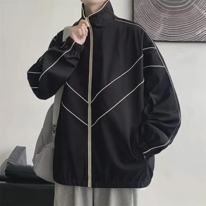 Men's Black Reflective Stand Collar Jacket - Casual Sportswear for Spring & Autumn