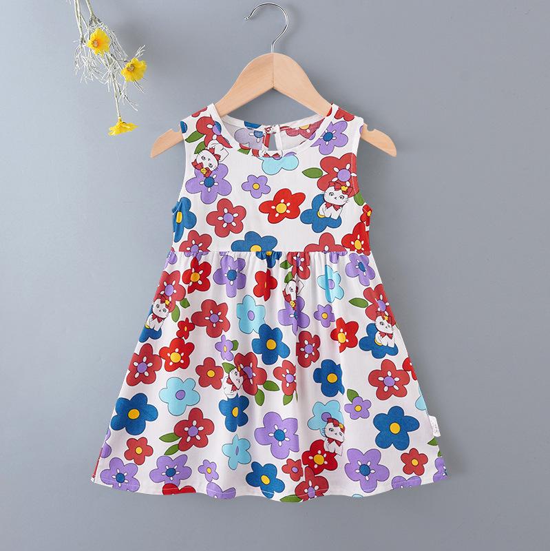 Girls' Floral Summer Princess Beach Dress, Cotton Silk Tank, A-line Skirt