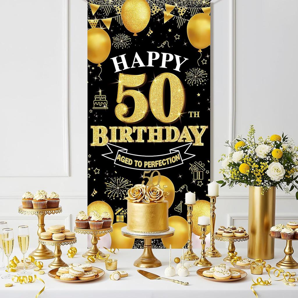Happy 50th Birthday Decorations for Men & Women, Black Gold 50 Birthday Banner Backdrop, 50 Years Old Party Decor, Fabric Door Decor Yard Sign Photo