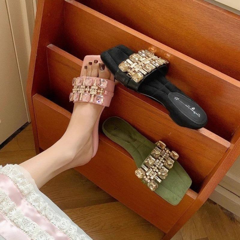 Fashion 2025 Summer Korean Version Water Diamond Low-heeled Flip-flops Genuine Leather Square-toed Women