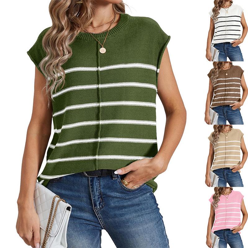 New Women's Striped Knit Sweater Vest Sleeveless Pullover Patchwork Casual Top