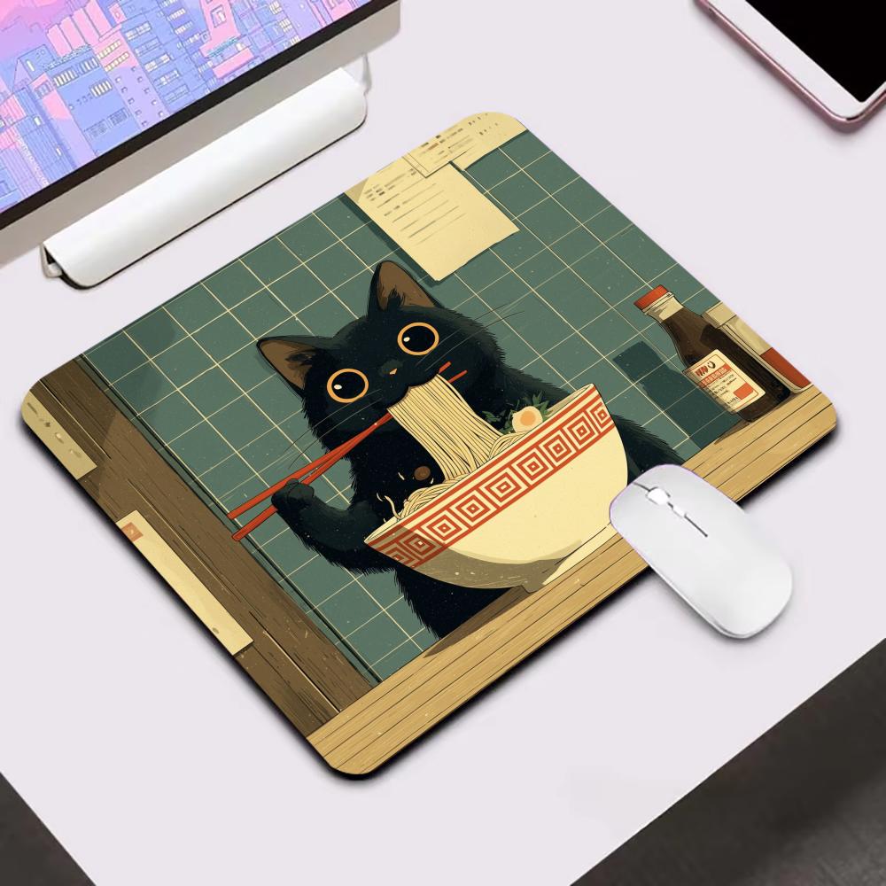 Black Cat Eating Ramen Mouse Pad Small Laptop Computer Office Table Mats PC Gaming Esports MousePad HD Non-Slip Rubber Desk Mat