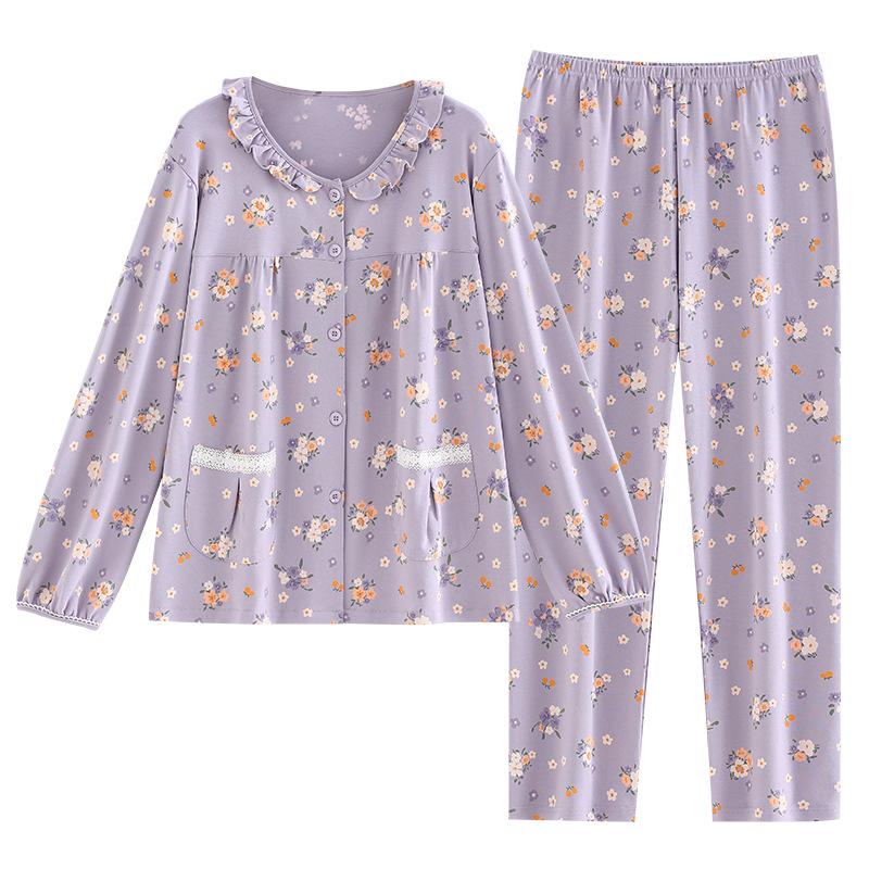 Pajamas Women'S Pure Cotton Long-Sleeved Medium Cotton Crew Neck Cardigan Loungewear