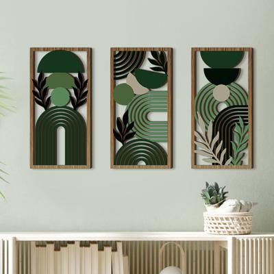 3 ks Boho Dřevěná Nástěnná Dekorace Minimalistické Rostliny Geometrické Duté Závěsné Ozdoby Abstraktní Nástěnné Sochy pro Domácí Obývací Pokoj Ložnici Kuchyni
